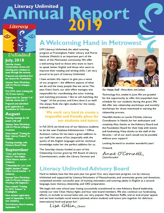 Literacy Unlimited Annual Report 2019 page 1